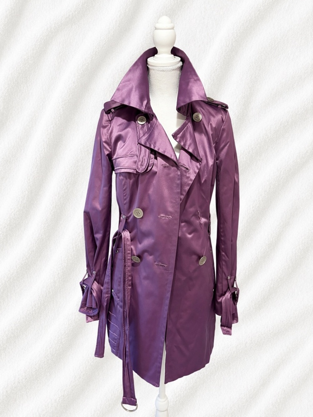 bebe Purple Satin Trench Coat with Belt Y2K